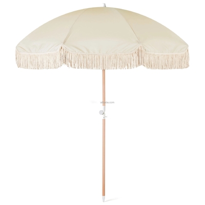 Draagbare 8 voet vintage Boho zonneparaplu met gele rand en houten paal